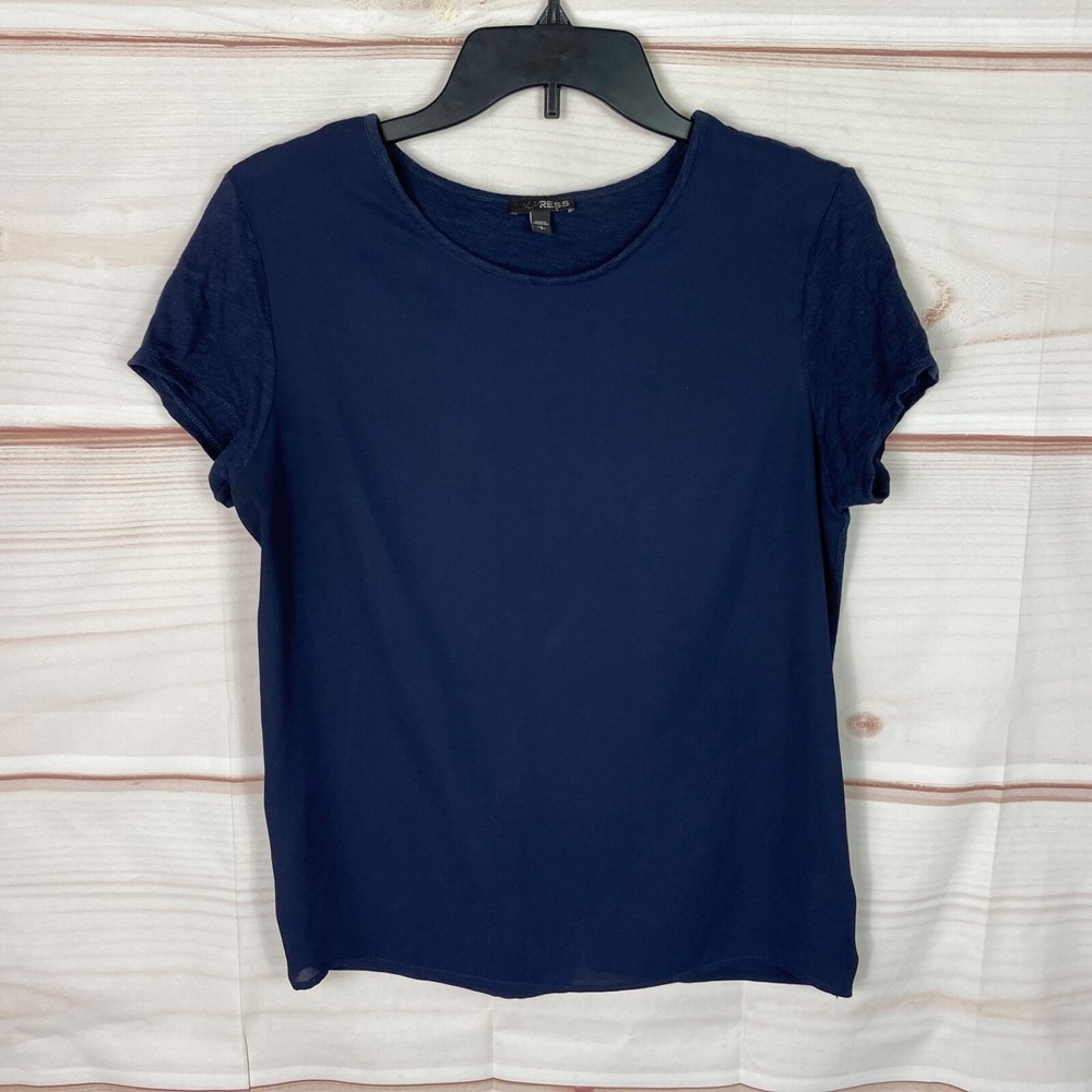 Express Top Womens Small Blue Short Sleeve T-Shirt‎ Round Neck Woven Knit Solid